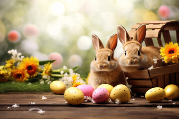 Fototapeta na wymiar Easter bunnies with Easter eggs are hiding in a basket. Happy Easter.