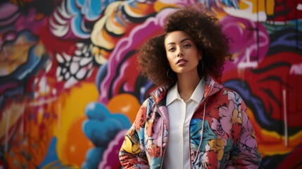 Craft an image of a woman in a graffiti-filled urban style