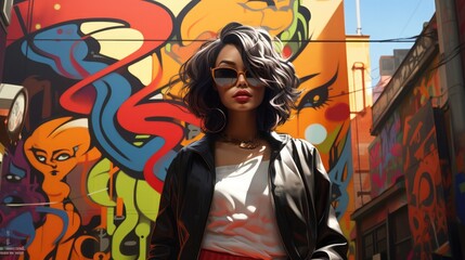Craft an image of a woman in a graffiti-filled urban style