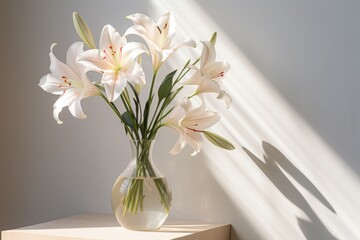  a close up of a flower in a vase on a table in front of a window with a vase in front of it.
