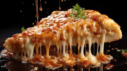 Slice of hot pizza with melted cheese dripping on plain background