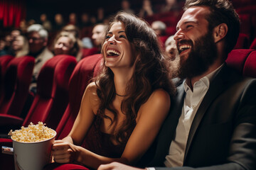 .Engaged couple, man with beard sitting near attractive woman having fun, sitting at the cinema, watching a movie and eating popcorn. Friendship, entertainment concept. - obrazy, fototapety, plakaty