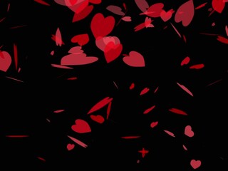 Falling pulsating red hearts in a black background..3d red hearts confetti falling. Romantic anniversary - Powered by Adobe