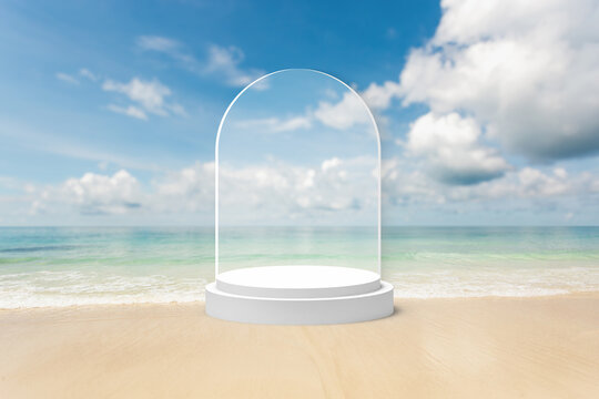 Product display podium on the beach Summer nature sea blurred background, abstract style