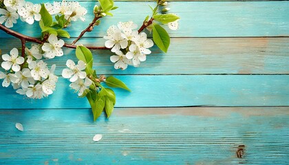 Kwitnące gałązki wiśni na niebieskich deskach. Wiosenne tło - obrazy, fototapety, plakaty