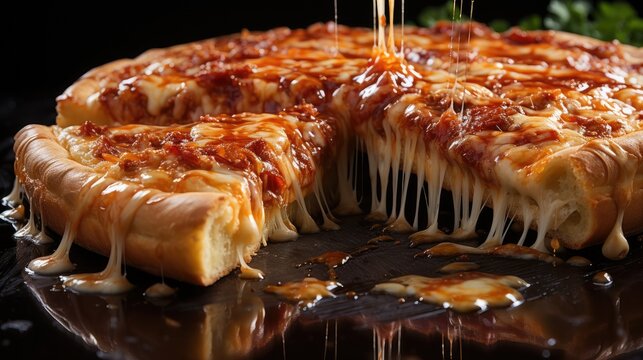 Slice of hot pizza with melted cheese dripping on plain background