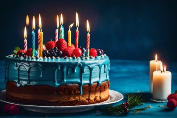 Tasty birthday cake with lighting candles on blue background
