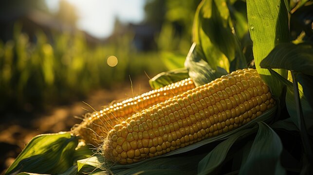 Selective focus of ripe corn cobs on organic corn field background