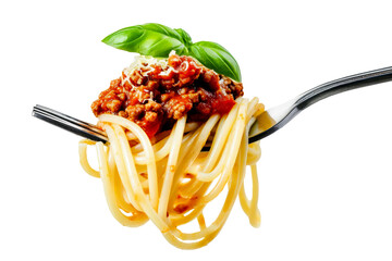 spaghetti with bolognese sauce and on fork isolated on white or transparent background. italian food - 704979432