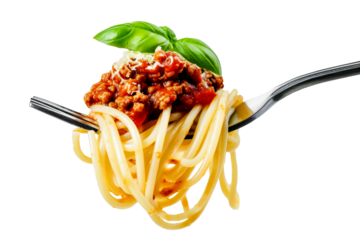spaghetti with bolognese sauce and on fork isolated on white or transparent background. italian food