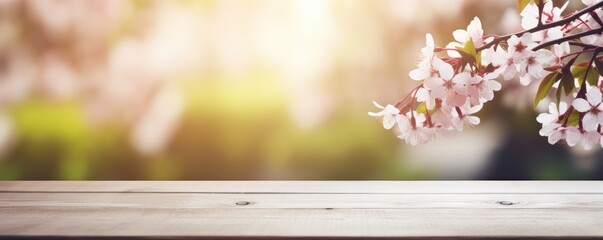 blank wooden table with spring flowers background
