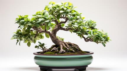 Charming small bonsai tree in ceramic pot on white background