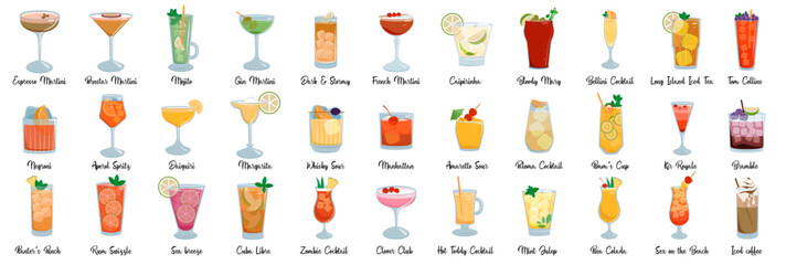 Alcohol drinks icon set in trendy flat design style. Popular cocktails for design menu, bar. Set icon