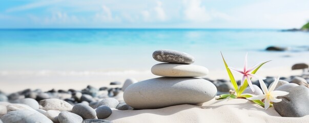 tower of zen stones on paradise beach balance concept