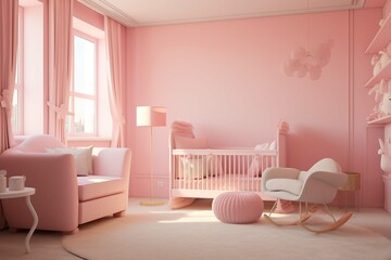 Beautiful interior of baby room with crib pink wall