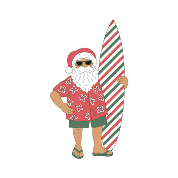 Retro beachy Santa Claus in Hawaiian shirt with red green striped surfboard vector illustration isolated on white. Groovy tropical summer Christmas print.
