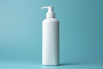 Blank bottle in cleansing foam on blue background. Cosmetic packaging.