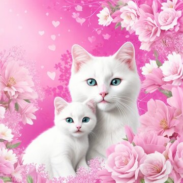 White mother cat with baby with blue eyes looking at the camera in pink floral background . Mothers day background.