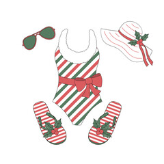 Retro Xmas red green beach fashion apparel swimsuit flip flops sunglasses hat holly berry decoration vector illustration isolated on white. Groovy tropical summer Christmas print.