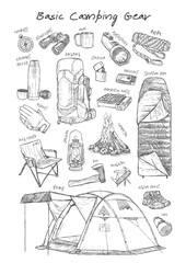 Camping equipment set. Hand drawn vector illustration of camping equipment.
