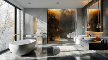 selective focus on modern bath room interior designer in gray and gold tones with smooth surfaces and rounded forms

