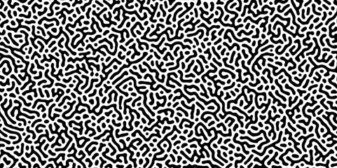 Abstract Turing organic wallpaper with background. Turing reaction diffusion monochrome seamless pattern with chaotic motion. Natural seamless line pattern. Linear design with biological shapes.