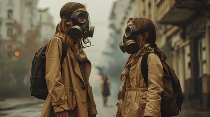 A picture of a gloomy post-apocalyptic future, a mother and daughter in gas masks