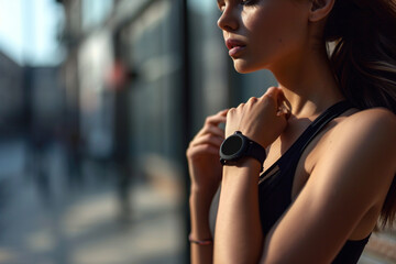 Sport girl wearing smart watch - obrazy, fototapety, plakaty