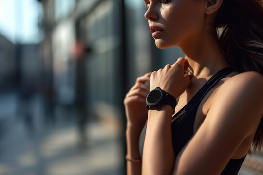Sport girl wearing smart watch
