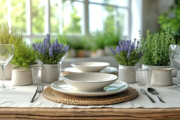 Table set in stylish white dining room, plants in the background, sunny background - Powered by Adobe