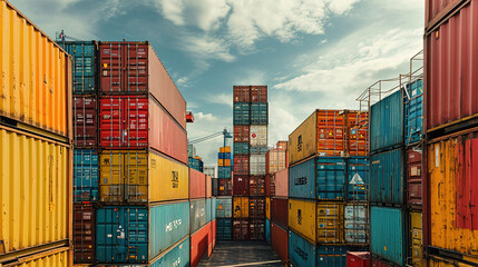 Loading containers at the docks. Logistics. Transportation of containers by sea. - obrazy, fototapety, plakaty