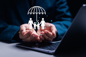 Healthcare and life insurance concept, Businessman with virtual family icon for protecting family.