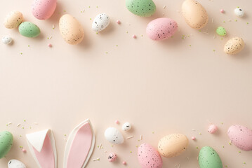 A festive Easter scene unfolds in this top-view snapshot. Vibrant eggs, endearing bunny ears and...