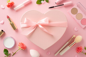 Romantic surprise prep: top view heart-shaped giftbox amidst beauty essentials - lipstick, gloss,...