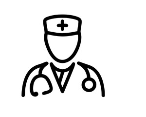 Obraz premium Simple icon of a doctor in medical uniform with stethoscope, hat with red cross sign