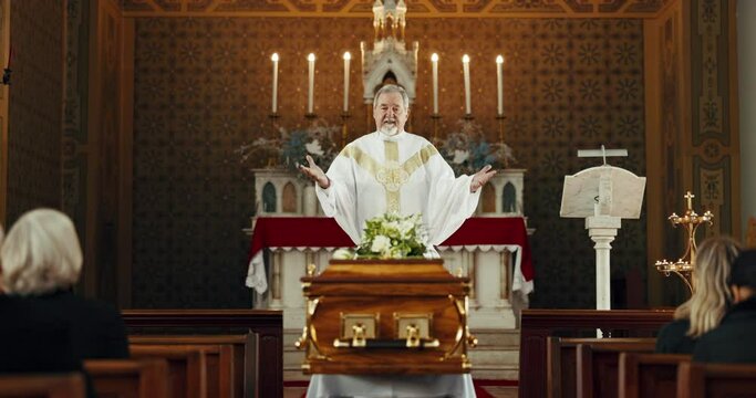 Coffin, church and priest at funeral service, blessing or family to celebrate life, worship or faith. Casket, burial and memory with pastor, talk or audience of people at farewell, eulogy or religion