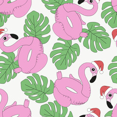 Retro pink flamingo swim ring in Santa Claus hat in palm leaves vector seamless pattern. Groovy tropical summer Christmas background.