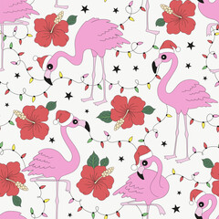 Retro pink flamingo in Santa Claus hat with Xmas ornaments garland and tropic flowers vector seamless pattern. Groovy tropical summer Christmas background.