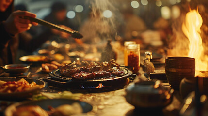Authentic Korean BBQ. Hot and sweet images of making meat.  - obrazy, fototapety, plakaty