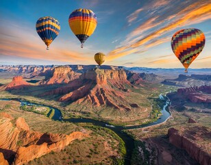 A view of colorful hot air balloons flying over a Southeastern part of the United States with canyons and river. A beautiful sunset with vibrant clouds in the sky. - obrazy, fototapety, plakaty