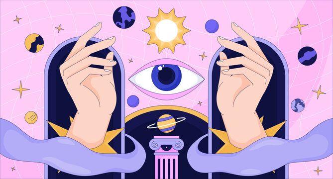 Magic fortune astronomy lofi wallpaper. Esoteric astrology 2D cartoon flat illustration. All seeing eye, cosmic planets. Divination. Dreamy vibes chill vector art, lo fi aesthetic colorful background