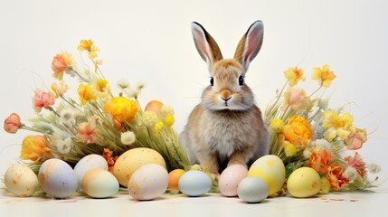 Fototapeta na wymiar Easter bunny sitting on multi-colored Easter eggs, on the background of nature