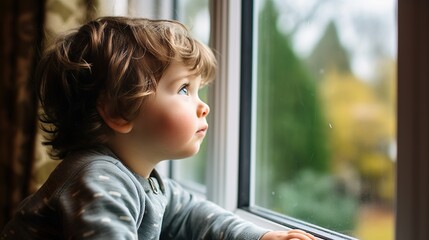 Little boy is standing in front of window, looking at the street, waiting for something. Lonely child at home