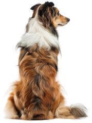 Back view of a sitting collie dog isolated on a white background - obrazy, fototapety, plakaty