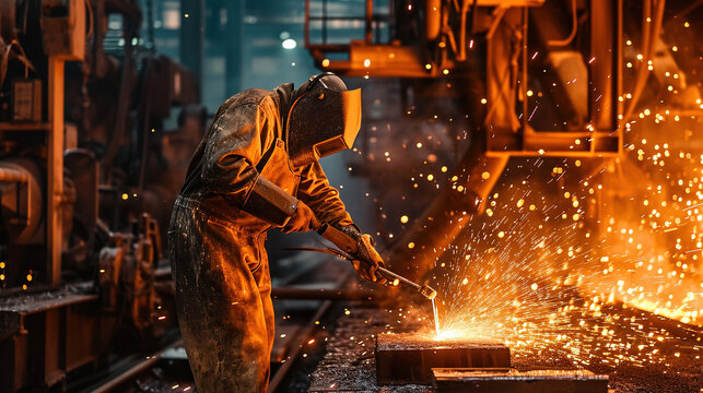 Hard working man on steel plant. 