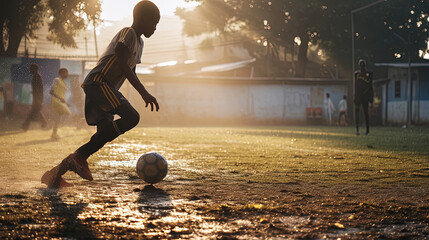 Young boy playing football in the evening. 