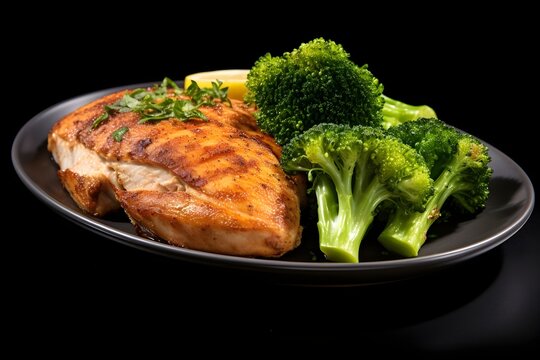 A Plate Of Baked Chicken Breast With A Side Of Steamed Broccoli