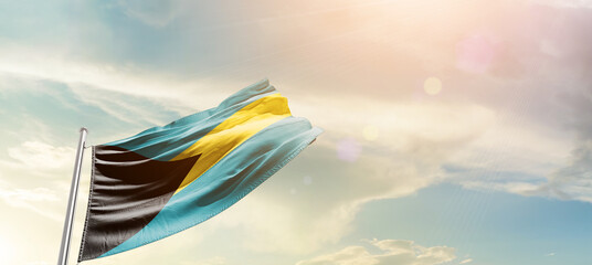 The Bahamas national flag cloth fabric waving on the sky - Image