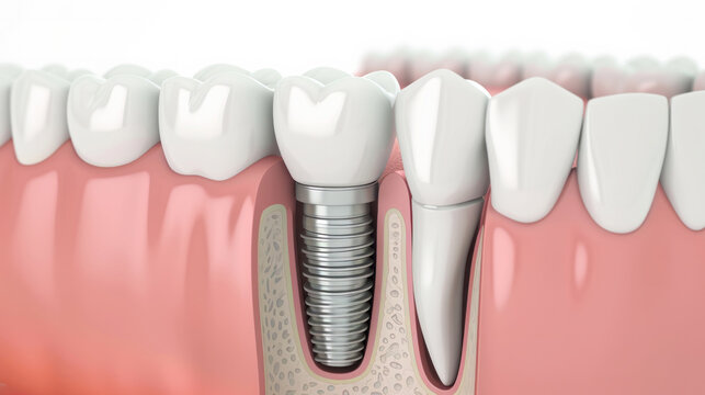 Mental model dental implant installation procedure, way of restoring missing tooth, implant is placed in the gums of the oral, Doctor consulting patient in clinic, dental plate denture, illustration