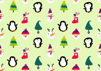 Christmas cartoon doodle seamless Santa and penguin and snowman pattern for wrapping paper and fabrics